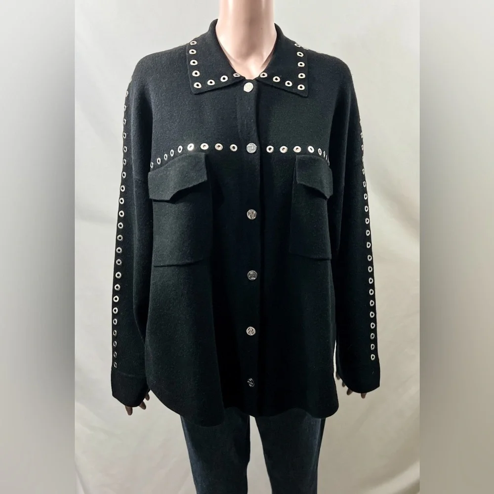 MAJE Knitted Eyelet Black Oversized Over Shirt with Silver Hardware Size: 2